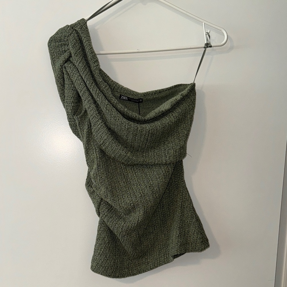 Zara Off the Shoulder Textured Green Knit Top
